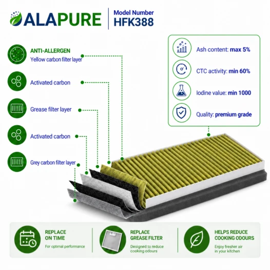 Alapure HFK388 CleanAir Plus Aktivkohlefilter geeignet für 11042136 / 17005388 / 17005802 / 17001205 / DWZ1AF1B6 / Z51AFB1X6 (Satz)
